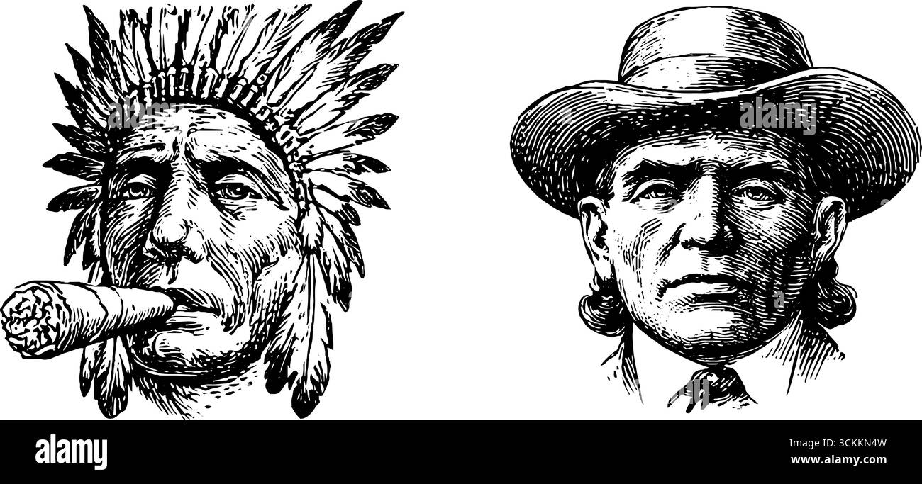 Set illustrativo con tabacchi incisi d'epoca con figure storiche e cappelli. Illustrazione Vettoriale