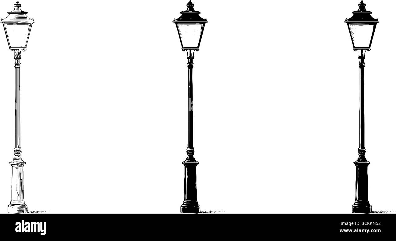 Collezione di incisioni vintage per lampioni per progetti di design storici. Illustrazione Vettoriale