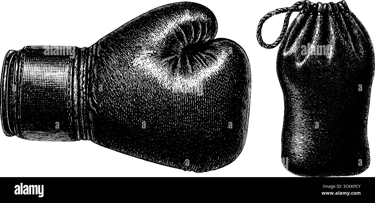 Guanti da boxe vintage e borsa Speed con incisioni artistiche per il design sportivo. Illustrazione Vettoriale