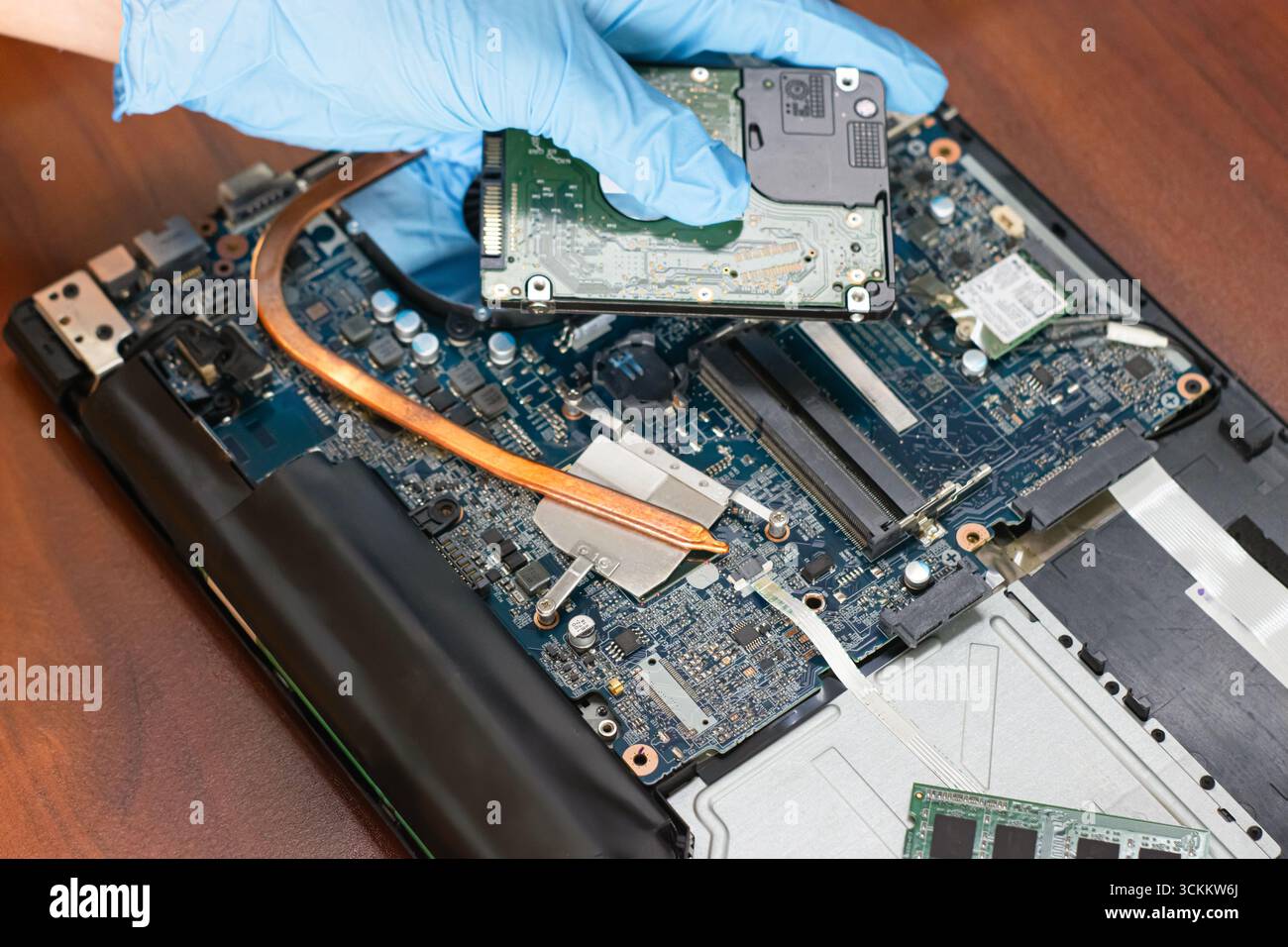 Tecnici che controllano e riparano le schede madri e i dischi rigidi dei computer Foto Stock