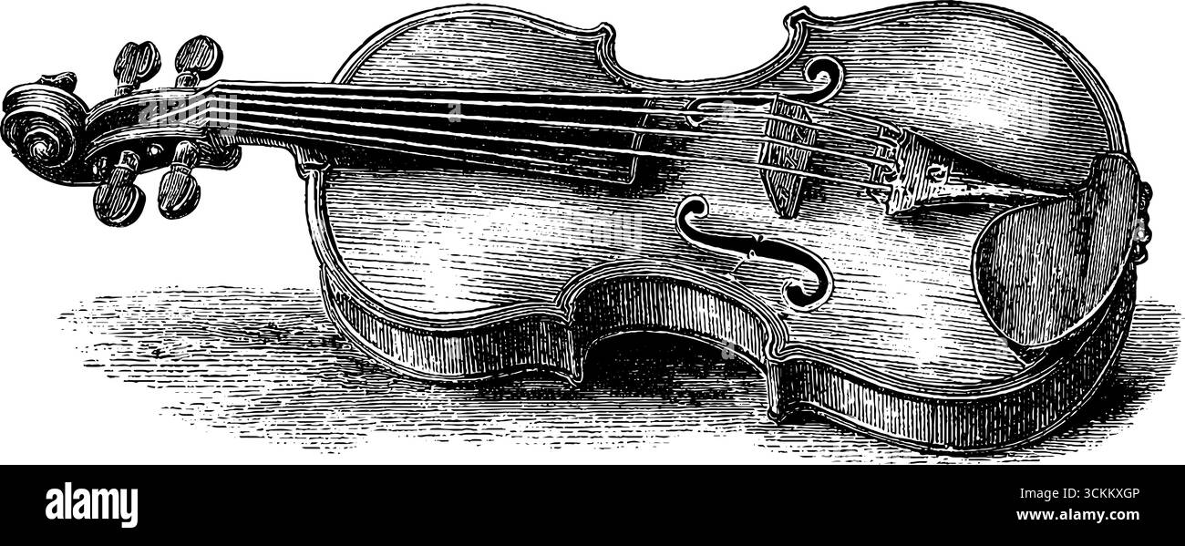 Incisione vintage di un vecchio violino in composizione artistica. Illustrazione Vettoriale