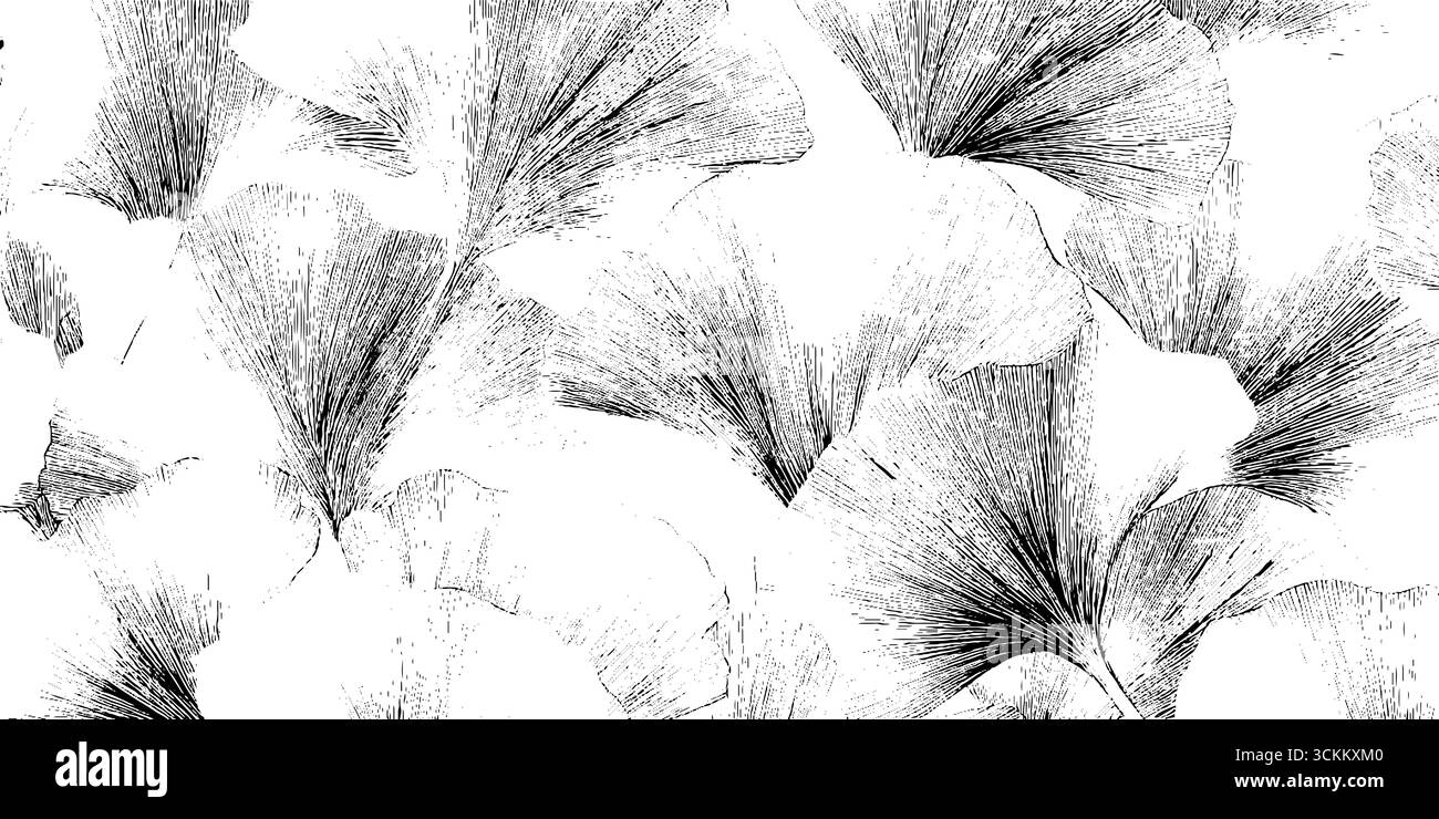 Sfondo di Dotwork con foglie di ginkgo sparse per l'arte e la decorazione. Illustrazione Vettoriale