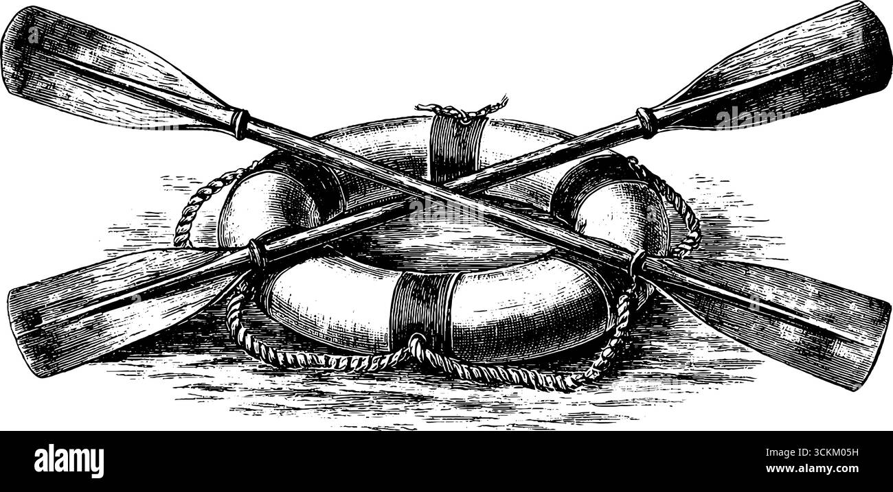 Incisione vintage di remi incrociati e salvagente per il design e la decorazione nautici. Illustrazione Vettoriale