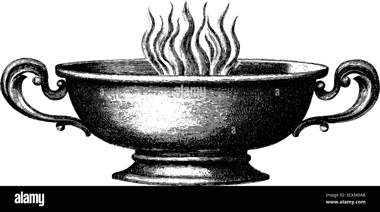 Illustrazione vintage incisa della tazza di argilla con vapore crescente per un design retrò. Illustrazione Vettoriale