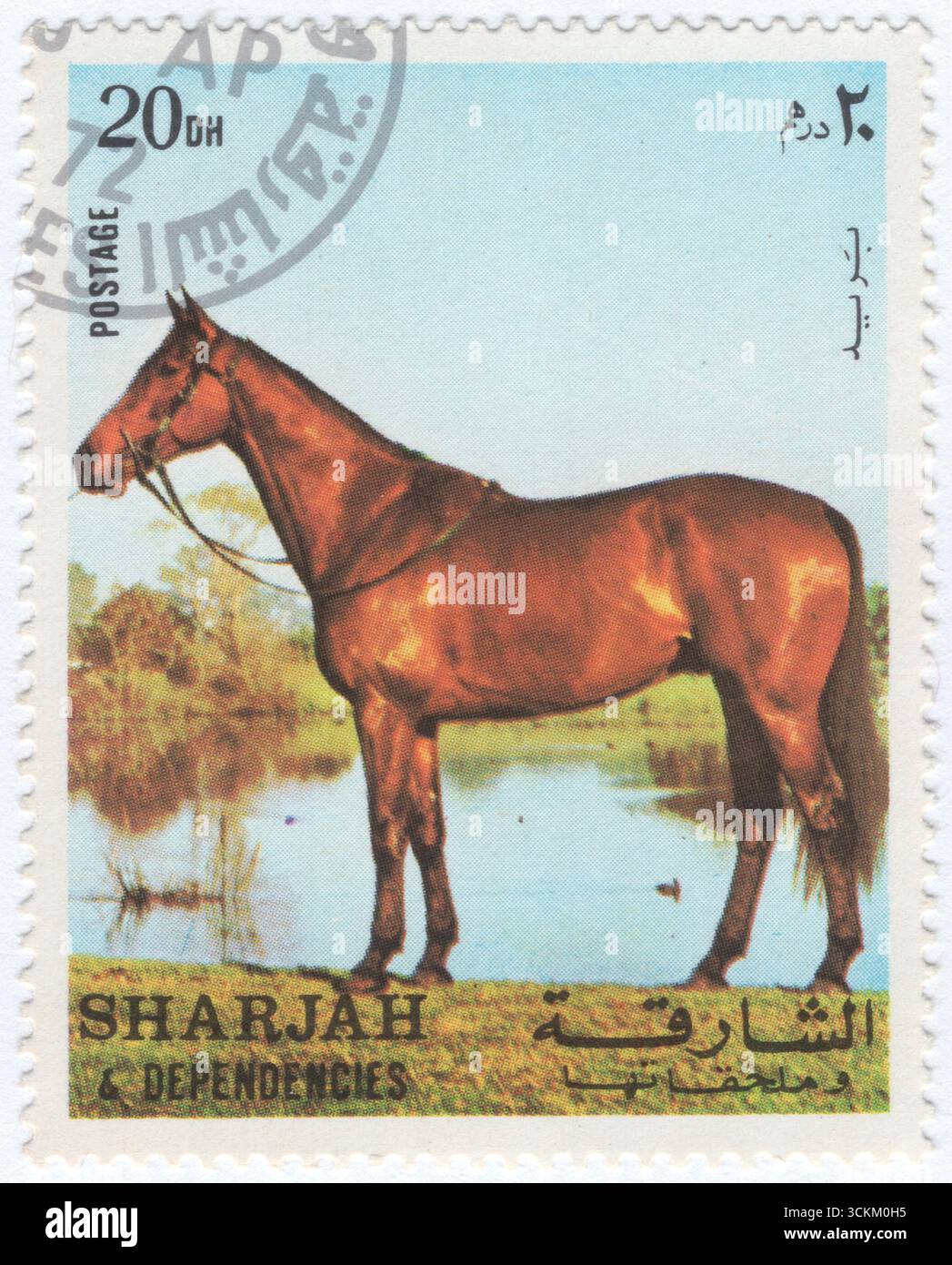 SHARJAH - 1972 luglio 28: Francobollo multicolore da 20 dirham raffigurante il cavallo di Hannover (Equus ferus caballus) sulla riva di un lago. L'Hannover o Hannover è una razza tedesca o un libro di cavalli sportivi a sangue caldo. Come per altre razze di sangue caldo tedesche, l'idoneità per la registrazione dipende dalle prestazioni piuttosto che dall'ascendenza. Gli hannoveriani sono costantemente valutati in alto rispetto ad altre razze di cavalli sportivi nel dressage, nel salto ostacoli ed eventi Foto Stock