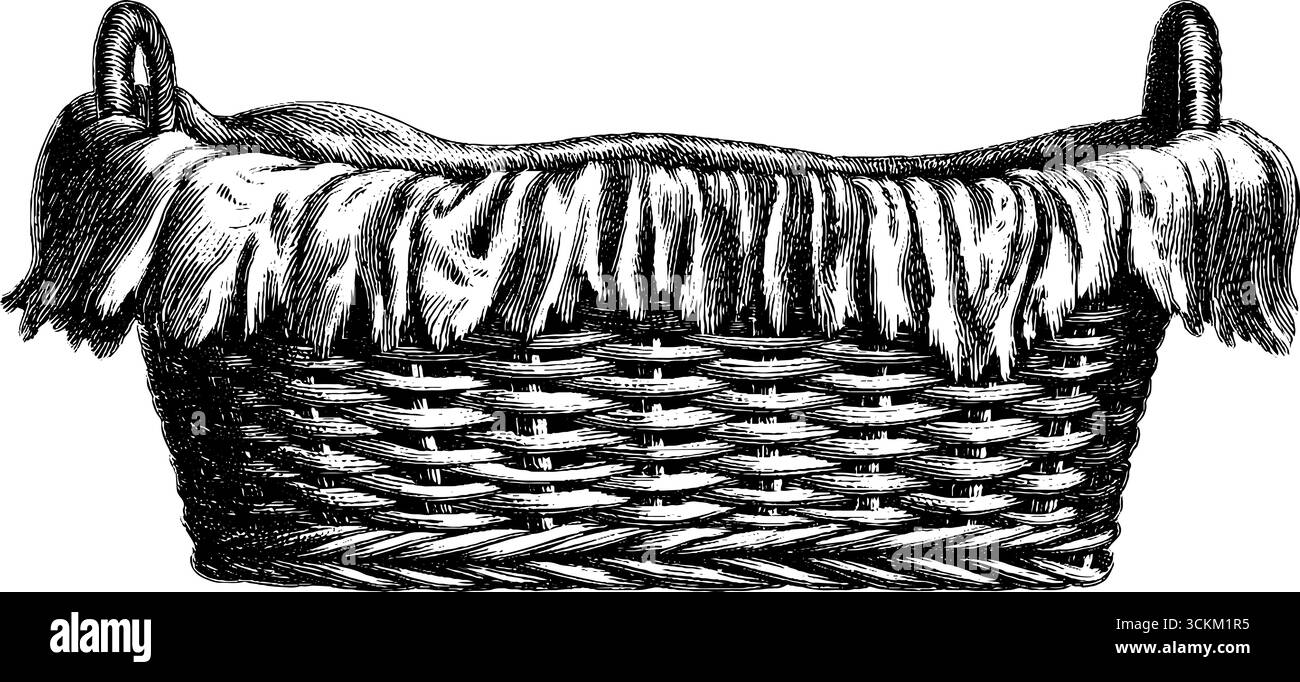 Incisione vintage del cestello in vimini con panno sfilacciato. Illustrazione Vettoriale