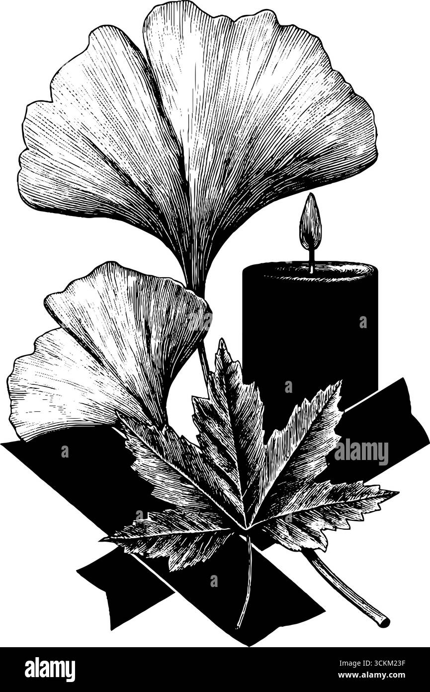 Elegante design botanico con foglie di ginkgo e candela per una cornice decorativa o una stampa. Illustrazione Vettoriale