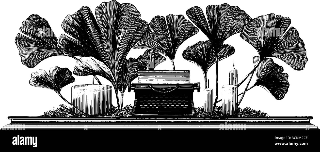 Motivo vintage a foglia di ginkgo con motivo a macchina da scrivere e a candela per la decorazione. Illustrazione Vettoriale