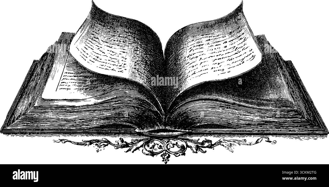 Grimoire aperto con bordi decorati incisi per progetti di design vintage. Illustrazione Vettoriale