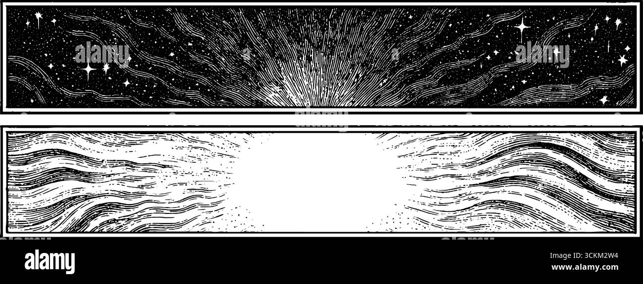 Set in biloba vintage con incisioni sulla parte superiore e inferiore e motivi celesti e astratti per un design creativo. Illustrazione Vettoriale