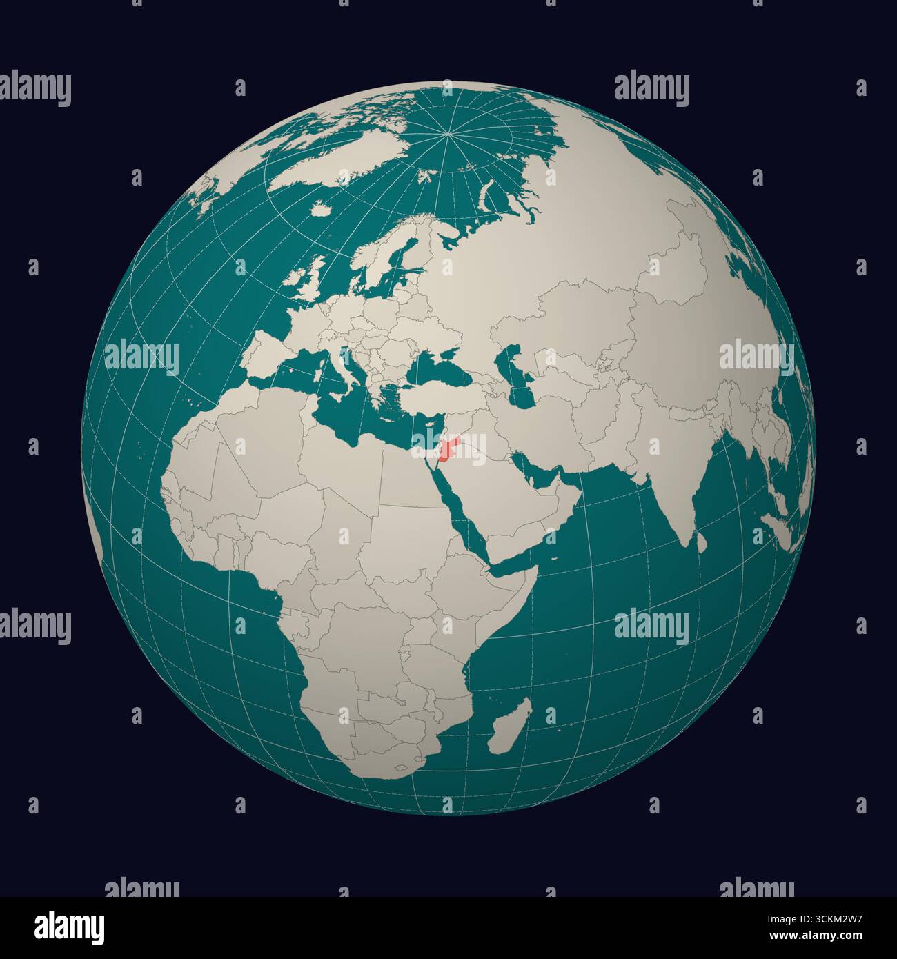 Il Regno hascemita di Giordania sulla mappa. Globo incentrato sulla Giordania. Posizione del paese sulla mappa del mondo. Tavolozza colori color Menta pallido. Illustrazione Vettoriale