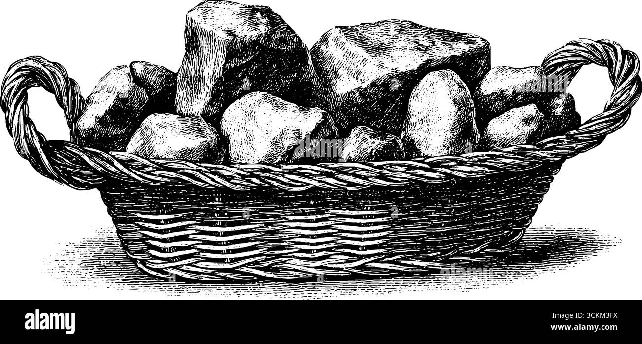 Incisione vintage disegnata a mano con cesto pieno di pietre di fiume per design e arredamento. Illustrazione Vettoriale