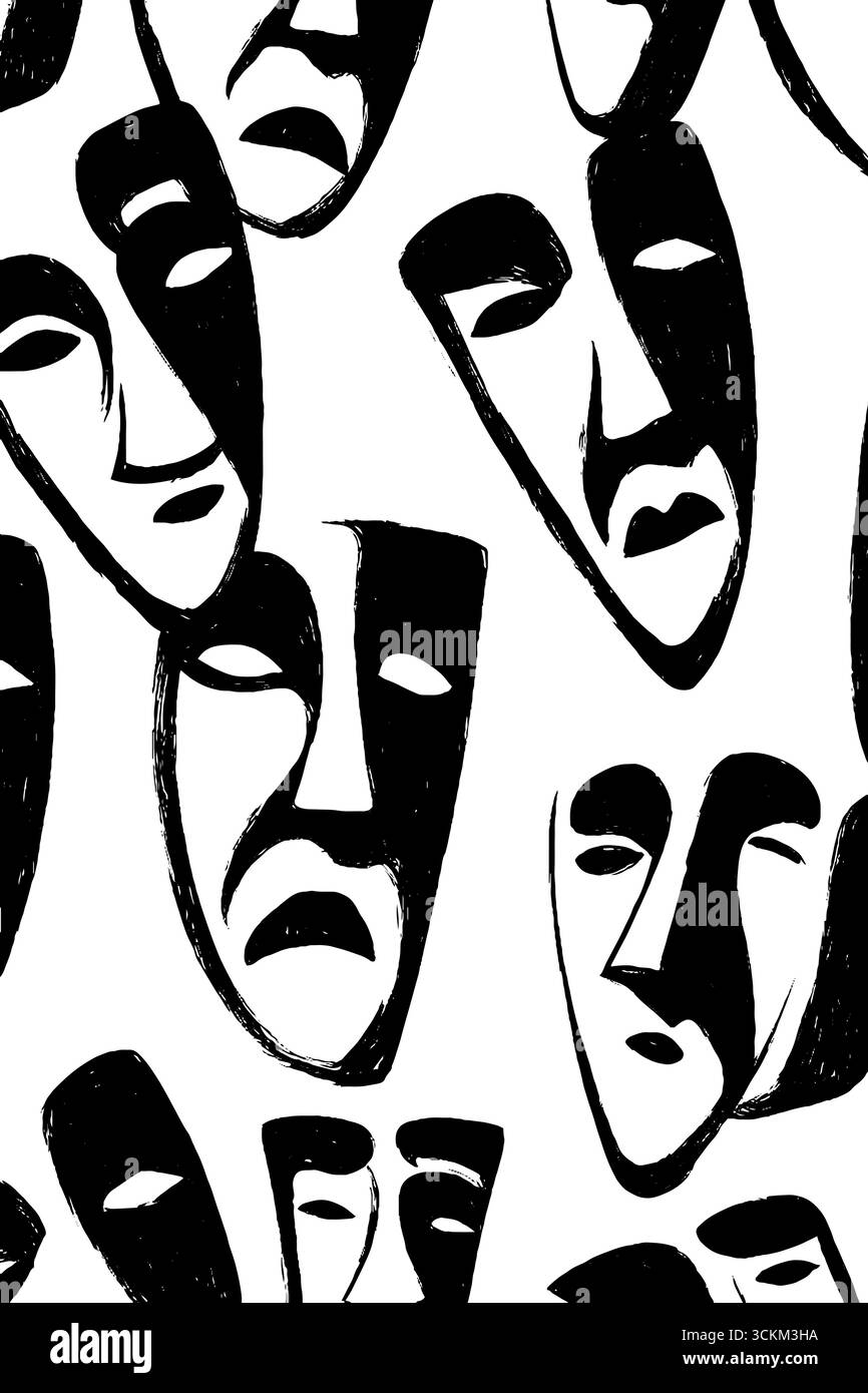 Modello astratto di maschere comiche e tragiche per il design teatrale. Illustrazione Vettoriale