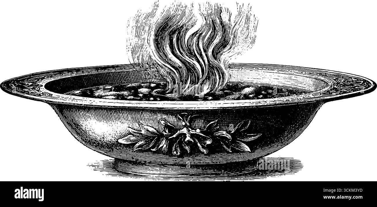 Incisione vintage di un recipiente per la cottura a vapore di zuppa. Illustrazione Vettoriale
