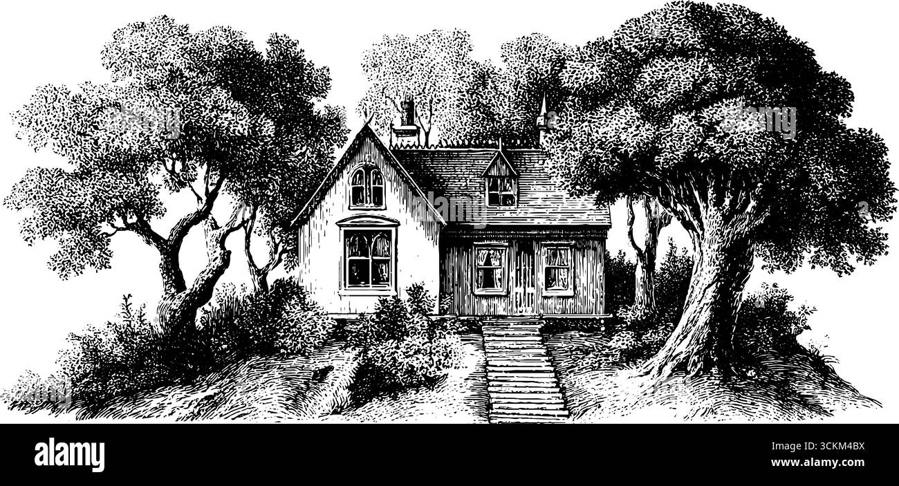 Affascinante incisione vintage di una piccola casa annidata nel bosco per disegni rustici. Illustrazione Vettoriale