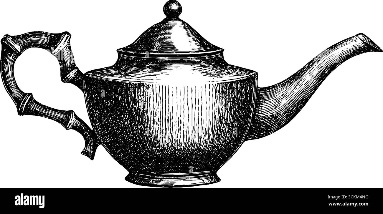 Illustrazione vintage incisa della teiera in ceramica con manico in bambù per un design retrò. Illustrazione Vettoriale