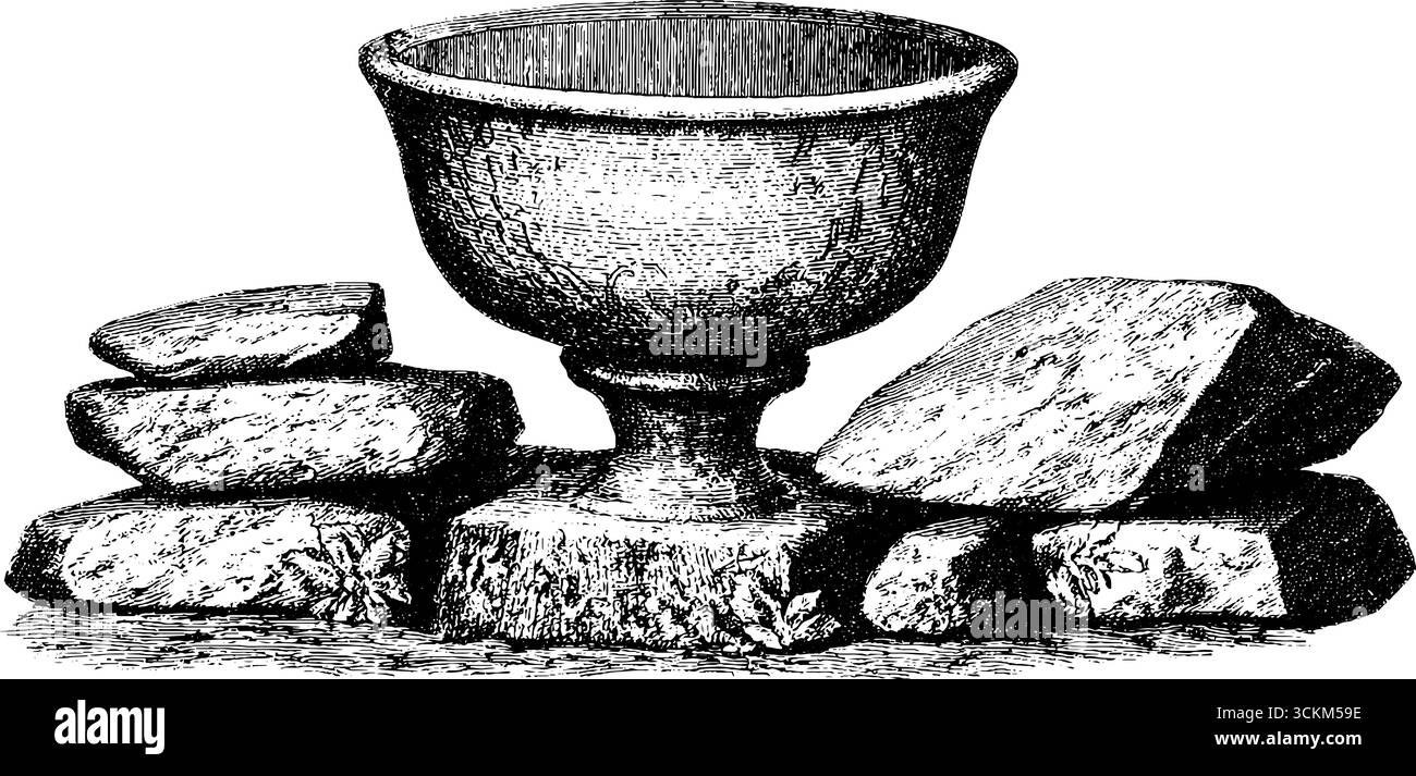 Urna vintage che poggia su pietre incise - silhouette disegnata a mano per un design retrò. Illustrazione Vettoriale