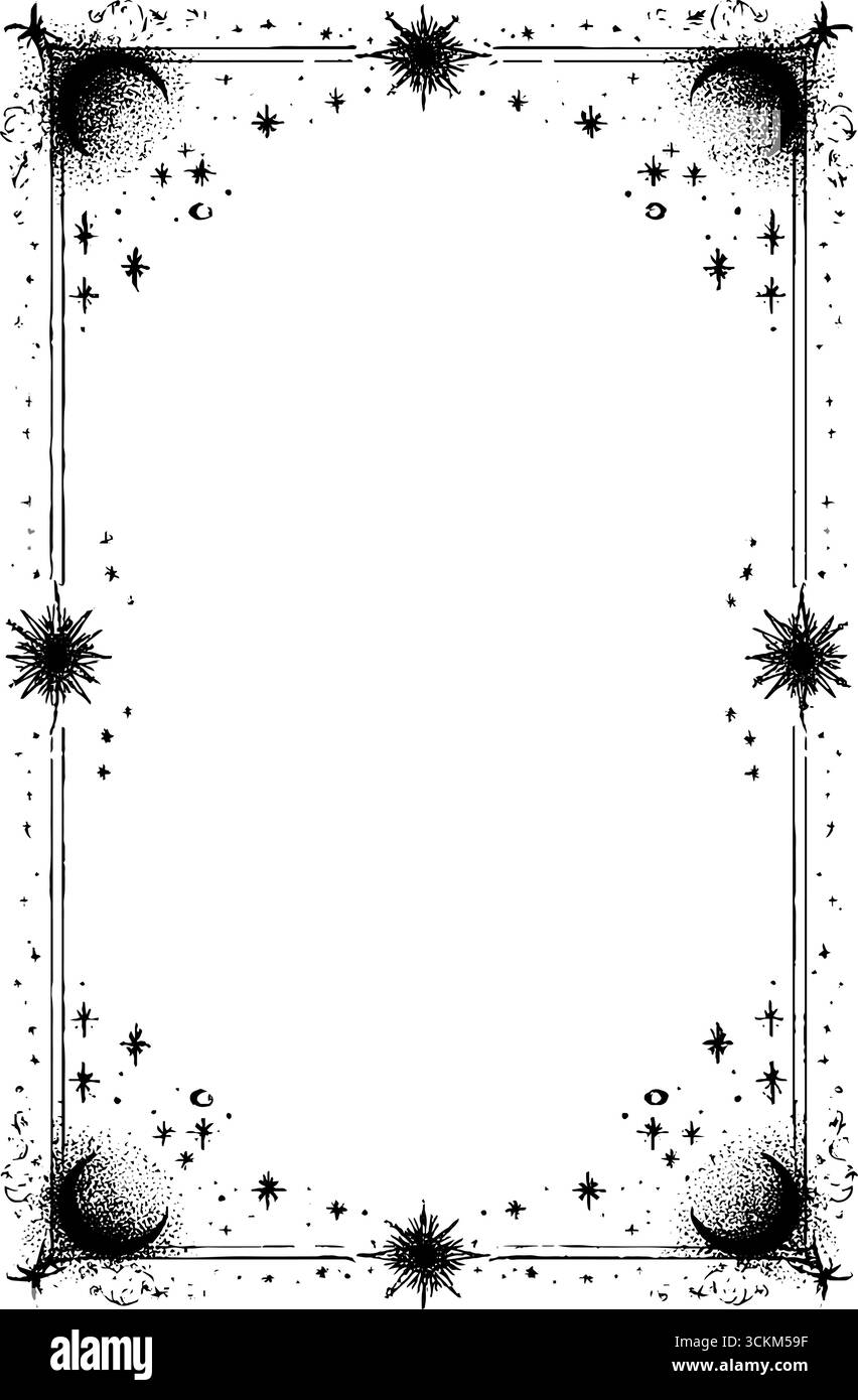 Cornice astratta celeste con lune a mezzaluna e stelle disegnate per lo sfondo e la decorazione. Illustrazione Vettoriale