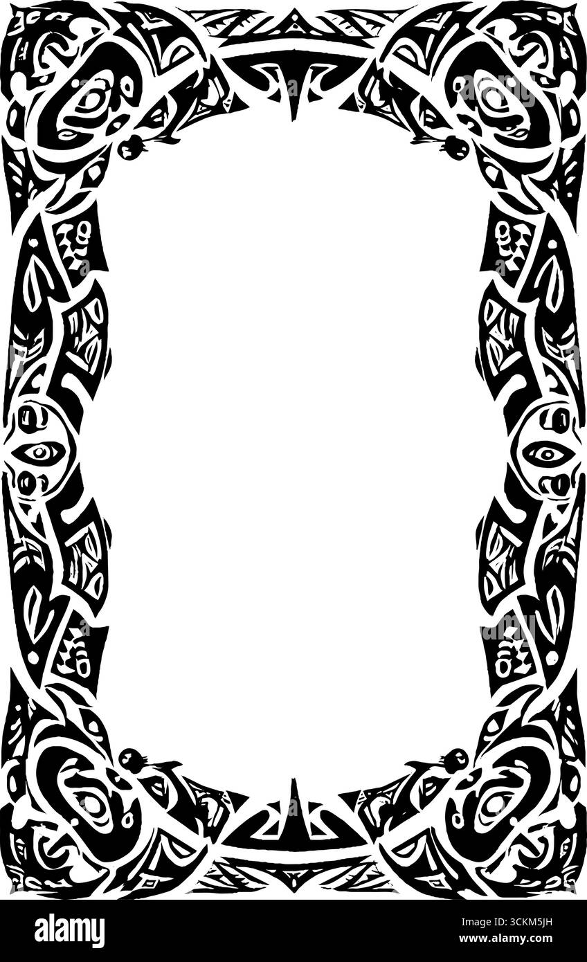 Cornice astratta con maschere e simboli spirituali, perfetta per disegni artistici etnici. Illustrazione Vettoriale