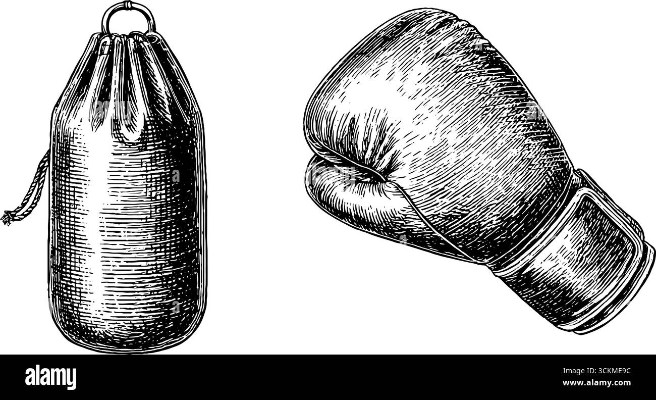 Guanti da boxe vintage incisi e illustrazione della borsa per design a tema sportivo. Illustrazione Vettoriale