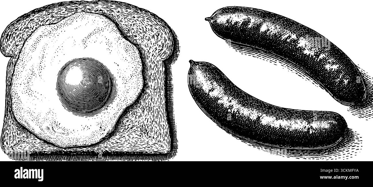 Illustrazione culinaria incisa con uova fritte, toast e salsicce per l'arte della cucina. Illustrazione Vettoriale