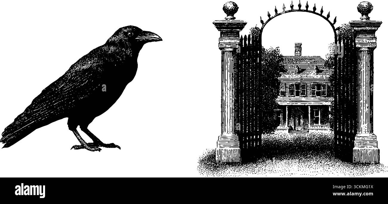 Set illustrativo inciso con villa infestata e corvo per il design di halloween. Illustrazione Vettoriale