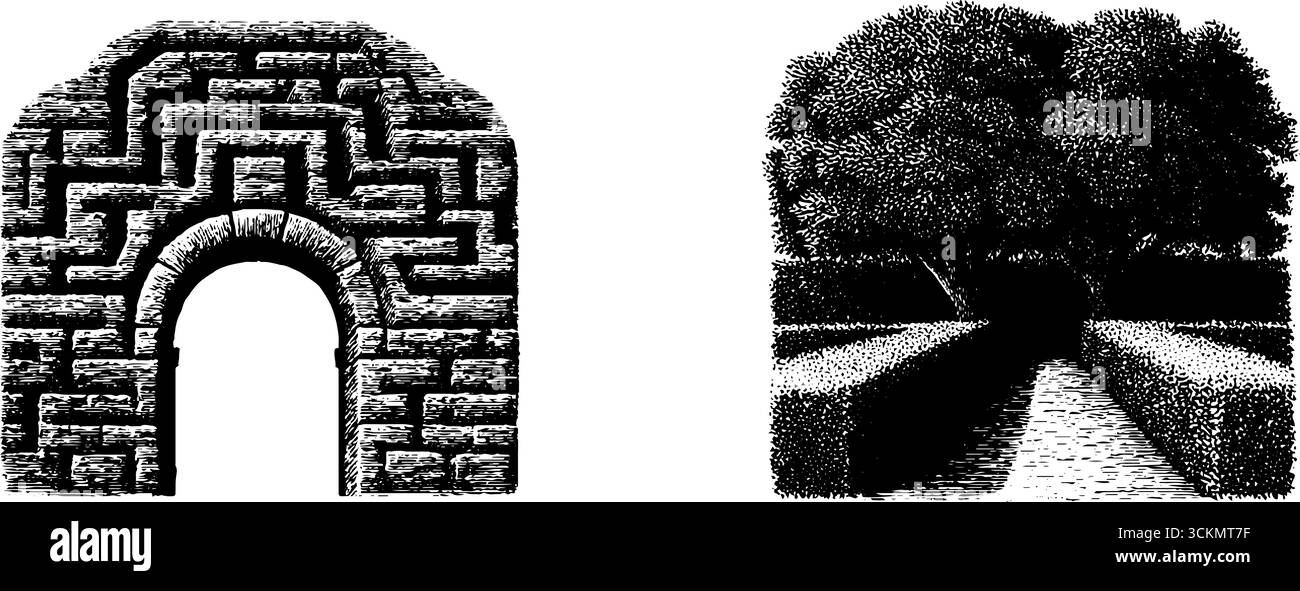 Illustrazione incisa del labirinto del giardino e dell'arco in pietra per il design decorativo. Illustrazione Vettoriale