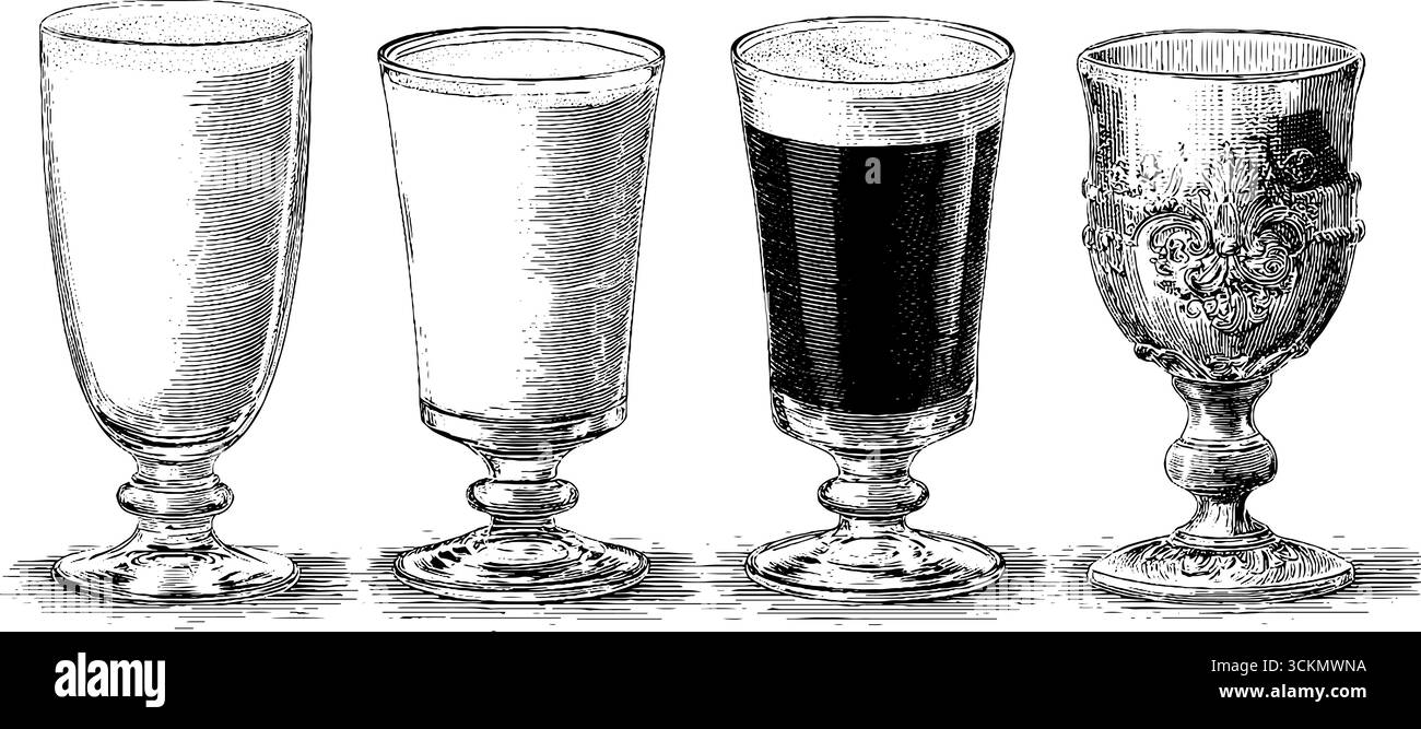 Set vintage in vetro inciso con chai latte e disegni decorati per gli amanti delle bevande. Illustrazione Vettoriale