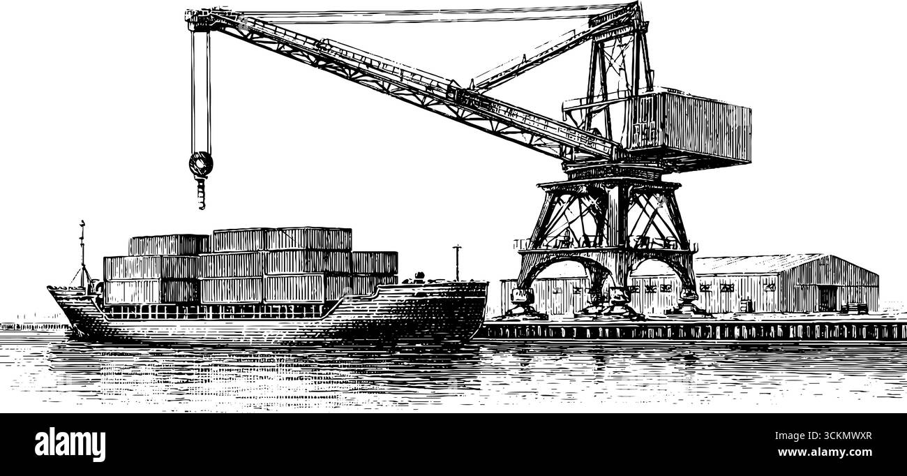 Trasporto marittimo d'epoca e logistica con incisioni su navi da carico e gru. Illustrazione Vettoriale