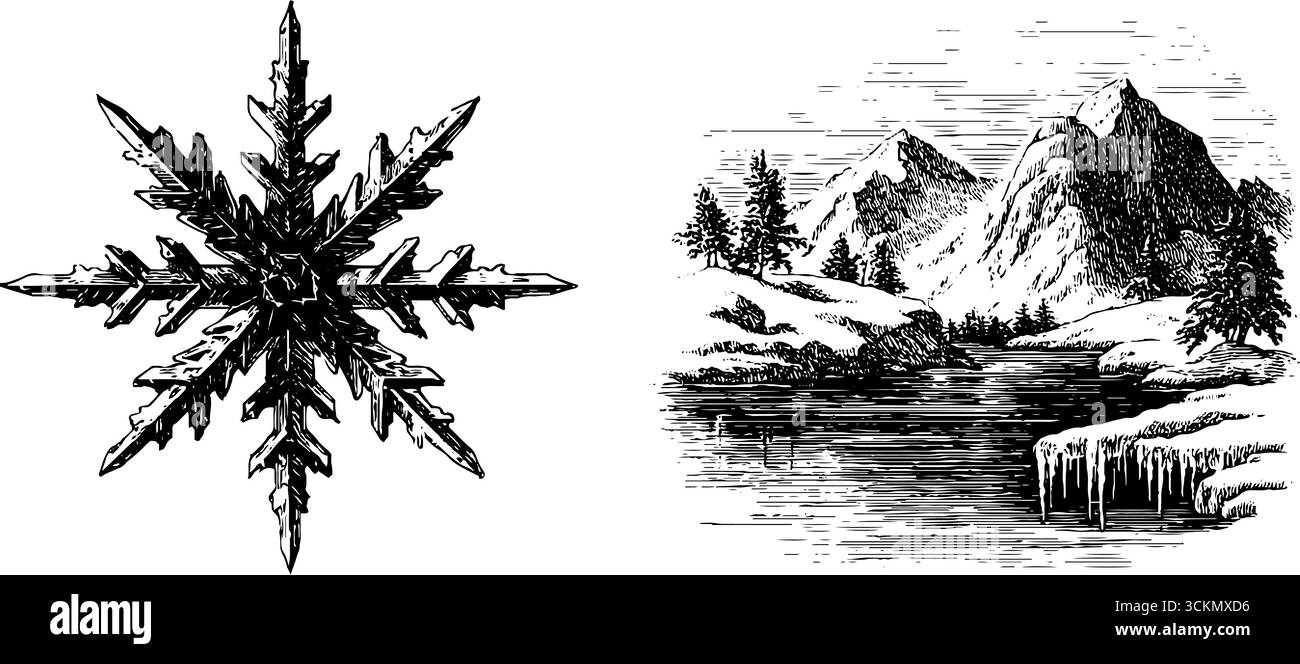 Illustrazione invernale incisa con fiocco di neve e design icicle per temi stagionali. Illustrazione Vettoriale