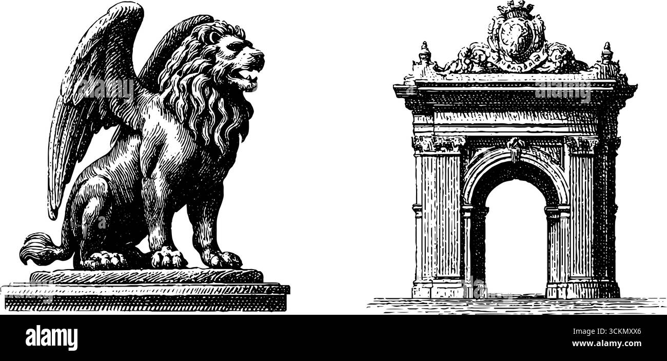 Illustrazione incisa della statua di griffin e dell'arco architettonico. Illustrazione Vettoriale