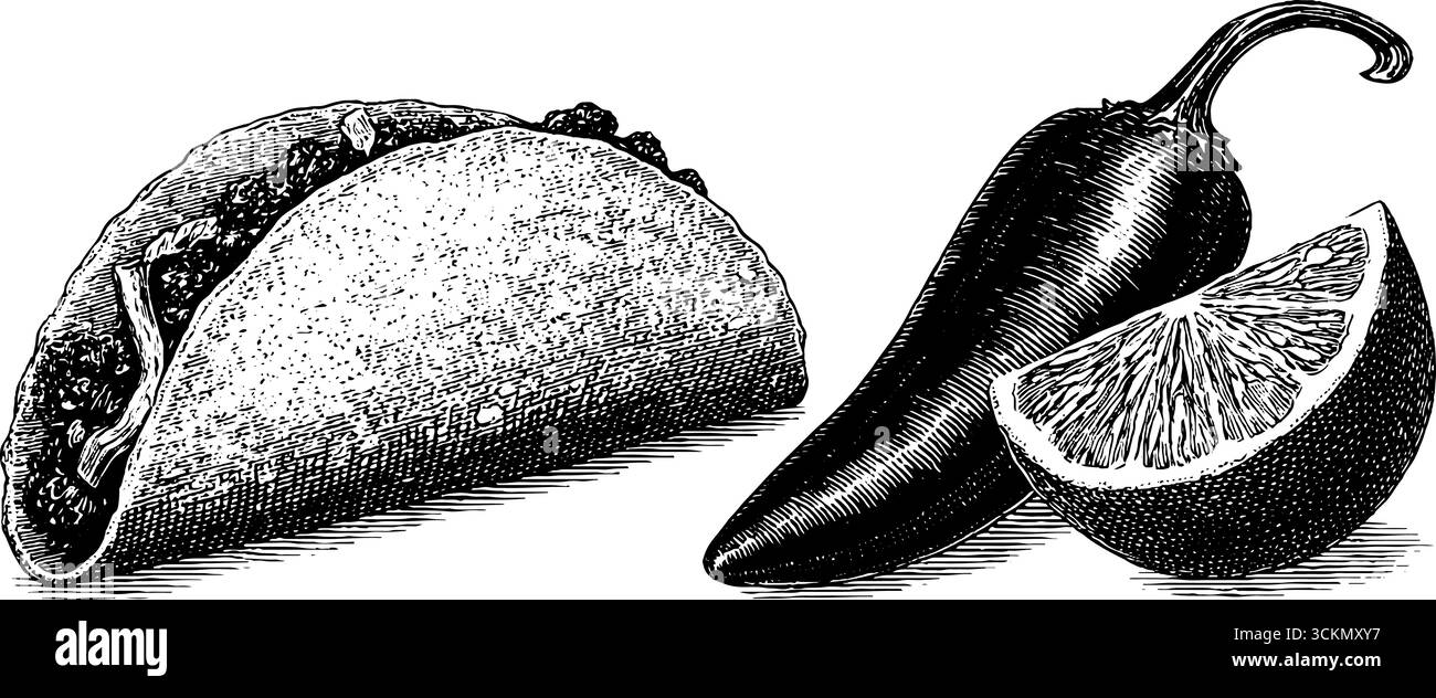 Illustrazione del cibo incisa con taco, spicchio di lime e peperoncino. Illustrazione Vettoriale