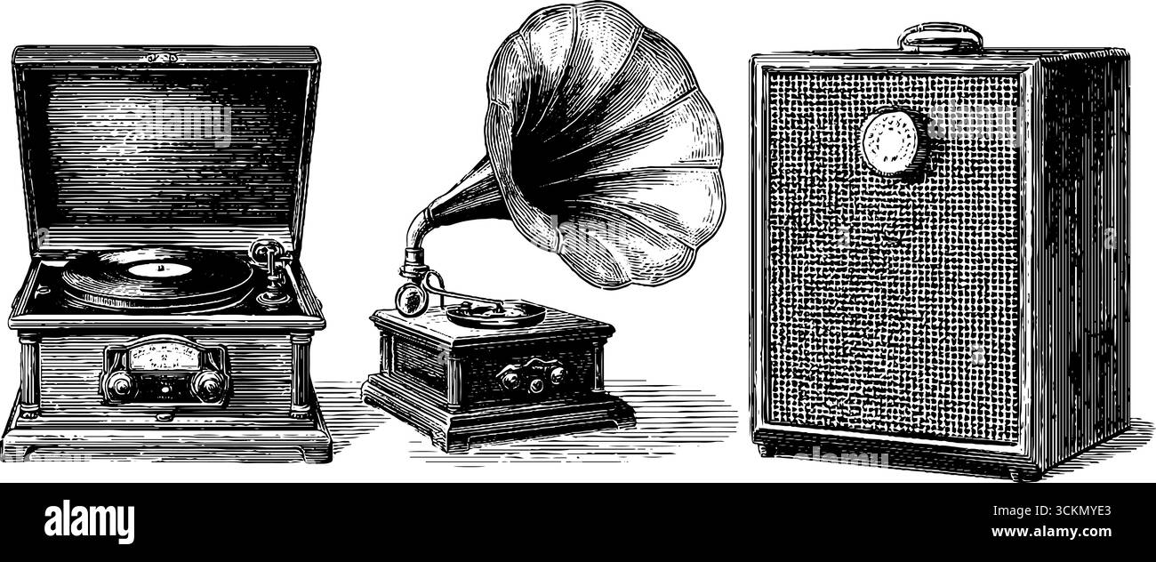 Collezione di musica vintage: Illustrazioni incise di un lettore di dischi in vinile e di un set di grammofoni. Illustrazione Vettoriale