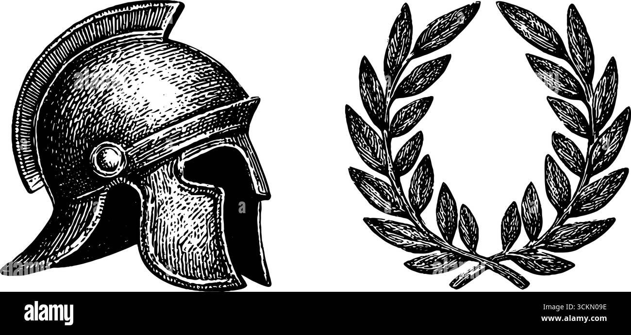 Illustrazione incisa di elmetto romano e corona d'alloro per il design storico. Illustrazione Vettoriale