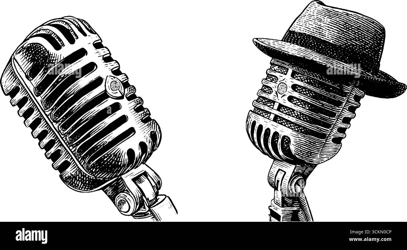Musica jazz vintage con sassofono inciso e illustrazioni del microfono per un design creativo. Illustrazione Vettoriale