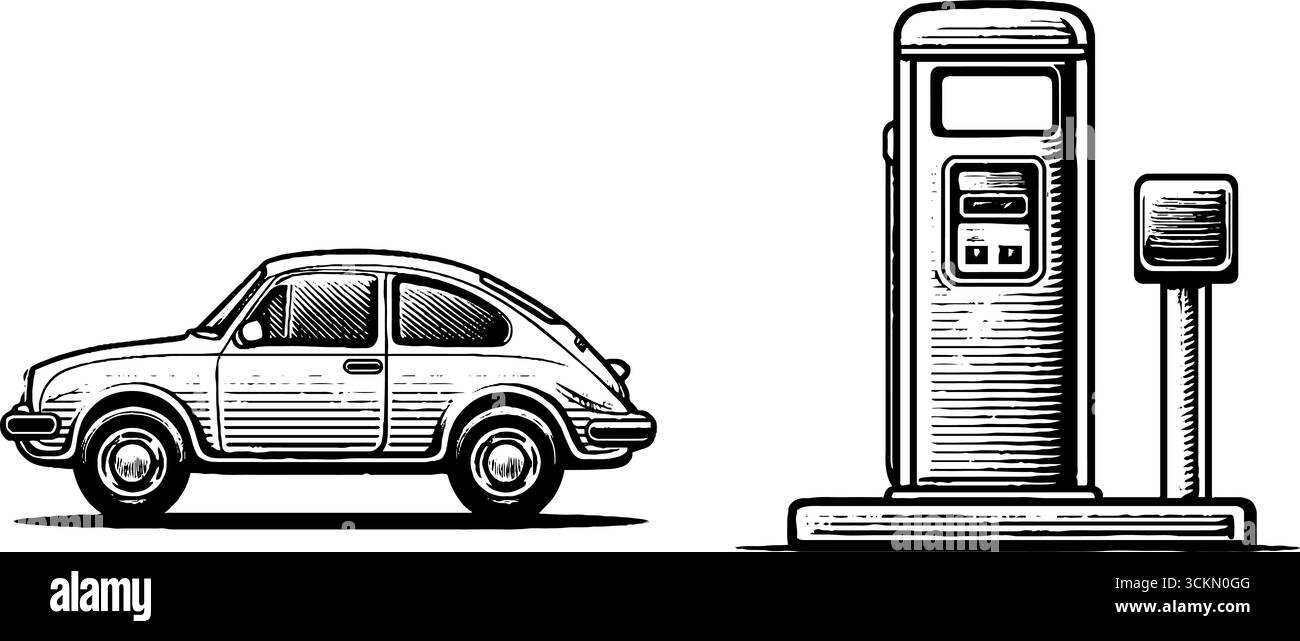 Illustrazione vintage incisa dell'auto elettrica e della stazione di ricarica per un design ecocompatibile. Illustrazione Vettoriale