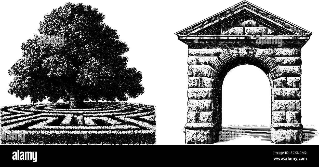 Set illustrativo inciso con labirinto di giardino con albero e arco in pietra per la progettazione. Illustrazione Vettoriale