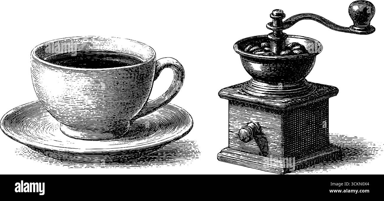 Caffè vintage con tazza incisa e macinacaffè per un arredo e un design da caffè. Illustrazione Vettoriale