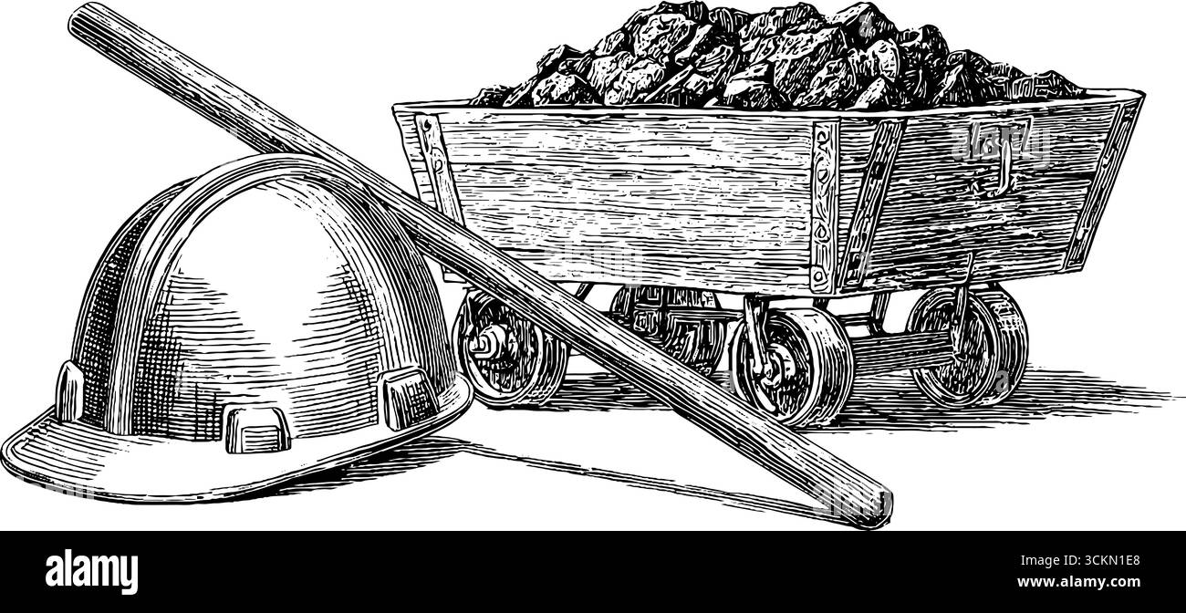 Illustrazione di attrezzature da miniera vintage con casco e carrello per carbone per un design storico. Illustrazione Vettoriale