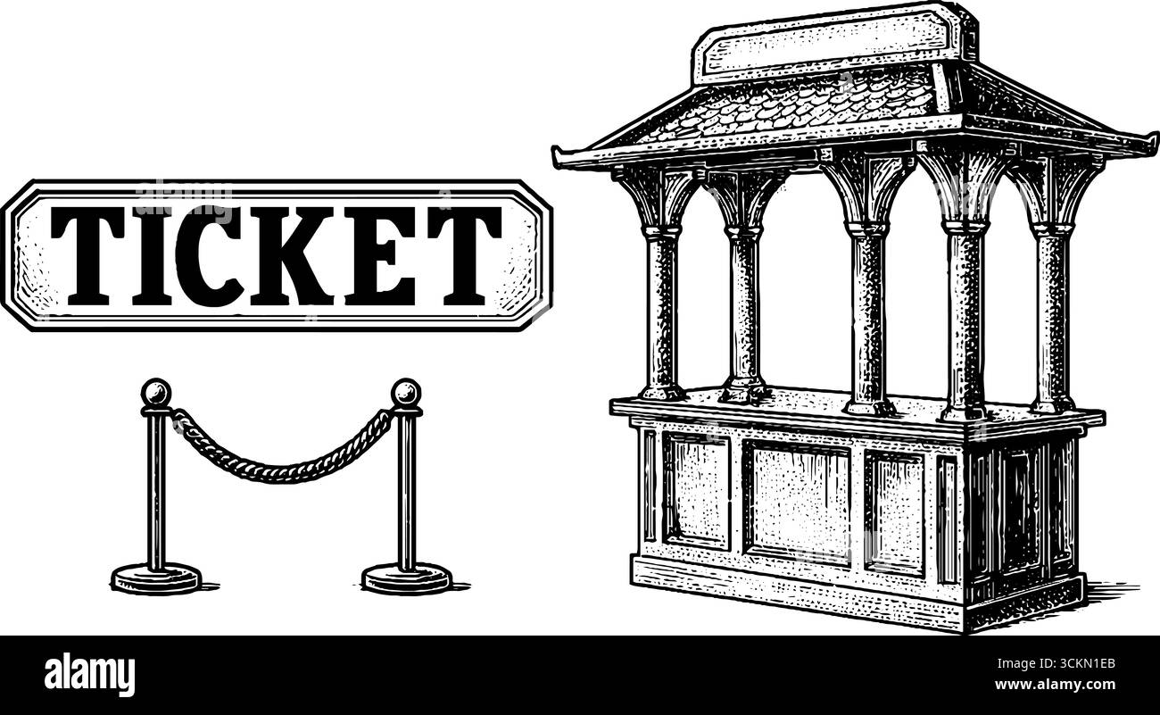 Biglietteria per il teatro d'epoca e set di incisioni per design e decorazioni. Illustrazione Vettoriale