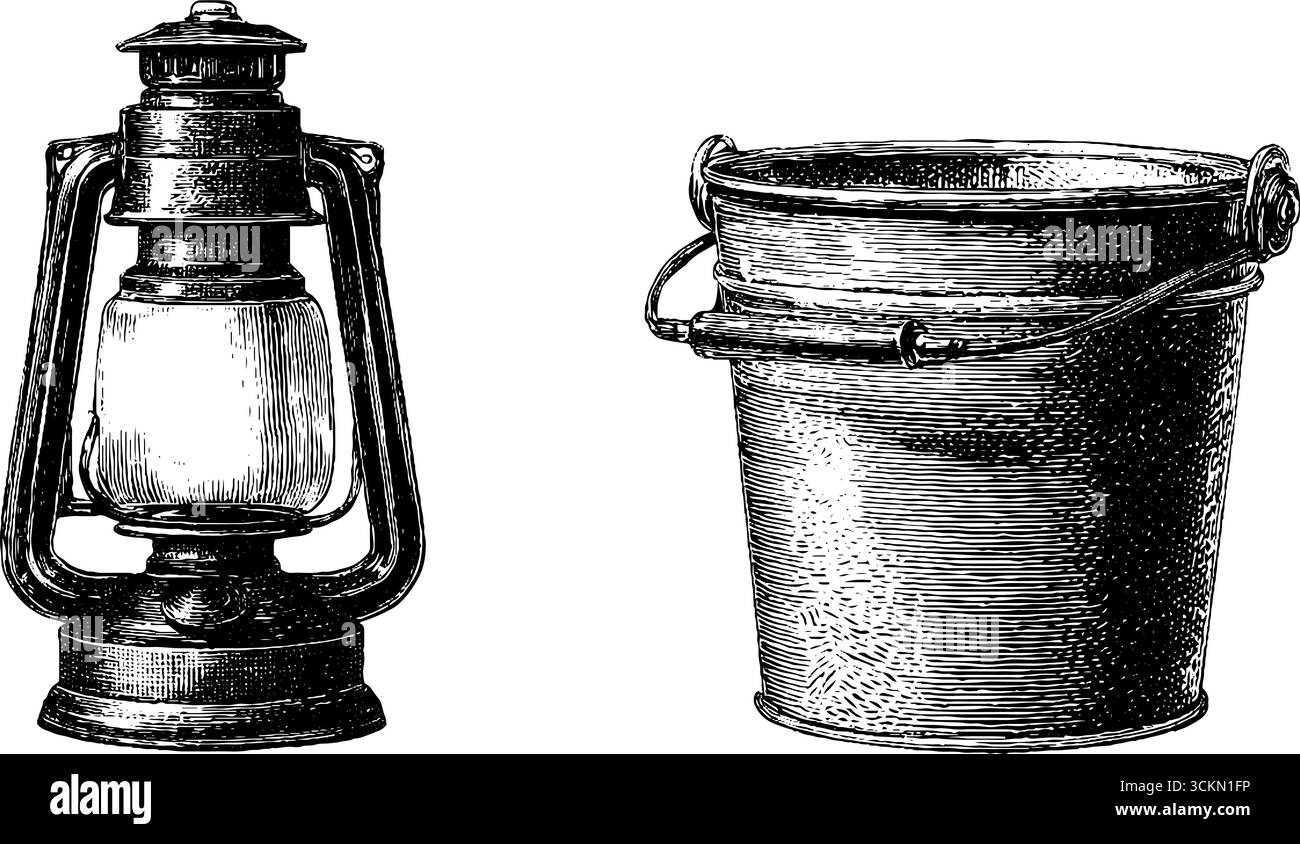 Set per incisione a secchio d'olio e lanterna d'epoca - illuminazione antica e illustrazioni di stoccaggio. Illustrazione Vettoriale