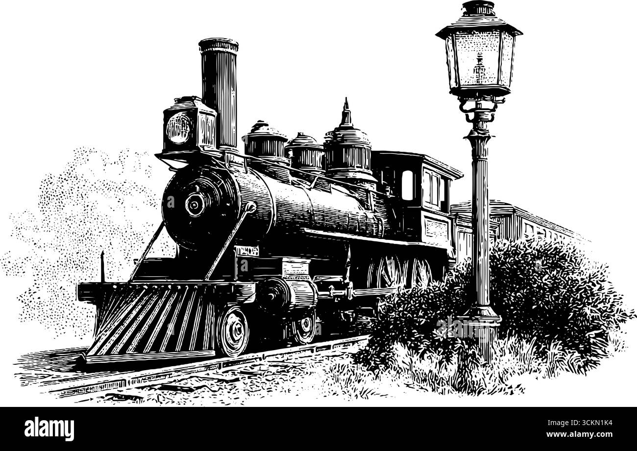 Locomotiva e lanterna d'epoca in classico stile inciso per un design storico. Illustrazione Vettoriale