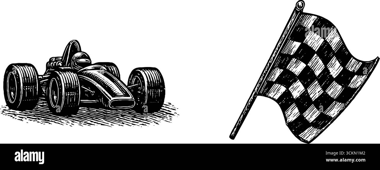 Illustrazione degli sport motoristici d'epoca con auto da corsa e bandiera a scacchi. Illustrazione Vettoriale