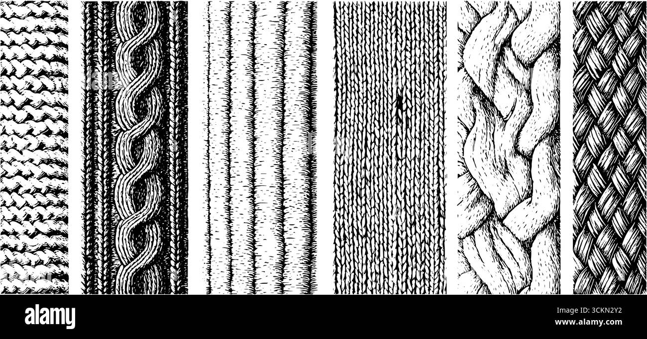 Set dettagliato inciso di trame a maglia e modelli di cavi per progetti di progettazione. Illustrazione Vettoriale