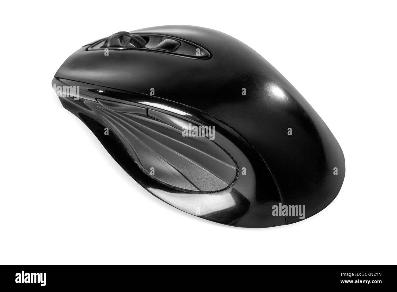 Mouse per computer wireless nero su sfondo bianco, isolato. Foto Stock