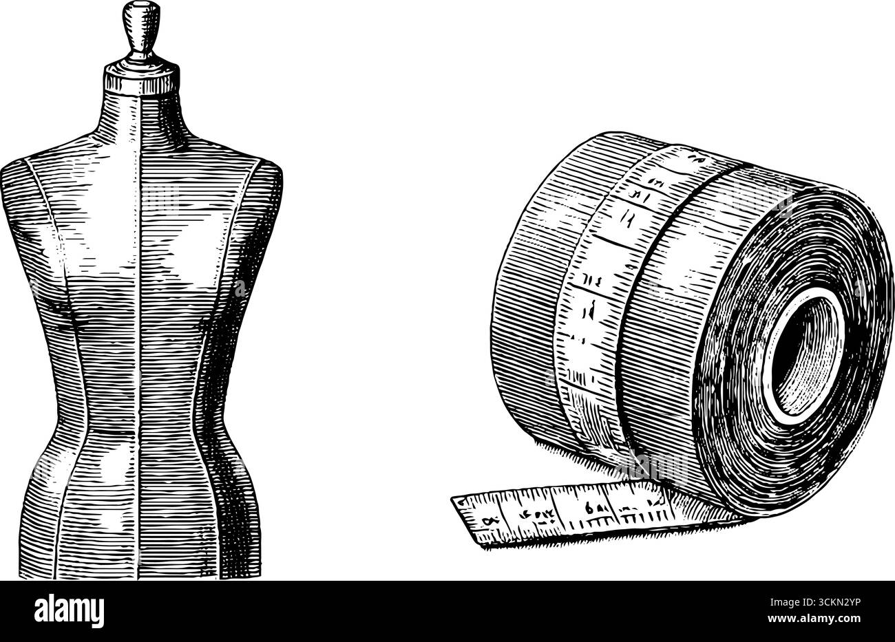 Manichino vintage e incisione a nastro metrico per design e arredamento. Illustrazione Vettoriale