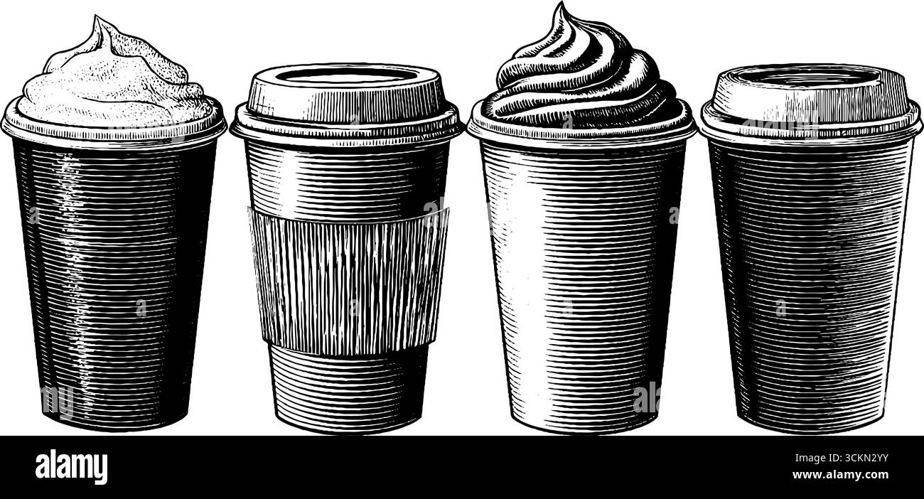Set illustrativo inciso di tazze frappuccino con coperchi e guarnizioni panna montata. Illustrazione Vettoriale