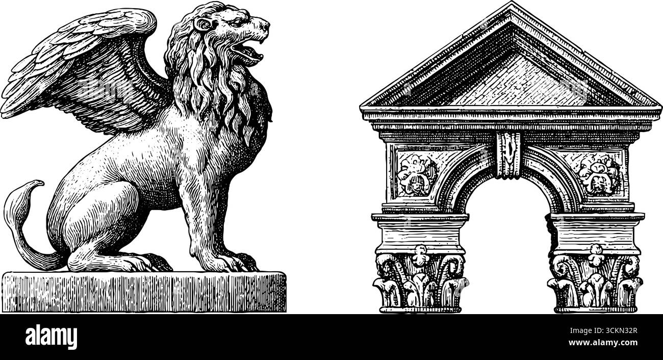 Illustrazione incisa della statua di griffin ed elemento architettonico per il design. Illustrazione Vettoriale