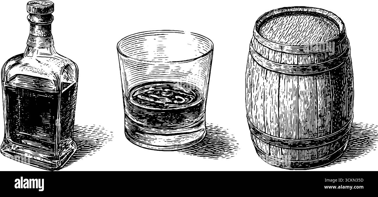 Collezione Classic Bourbon: Illustrazione incisa di bottiglia, vetro e barile. Illustrazione Vettoriale