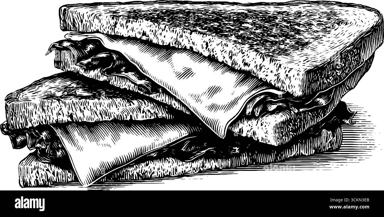 Illustrazione in stile inciso di sandwich cubano con formaggio e condimenti per un design artistico culinario. Illustrazione Vettoriale